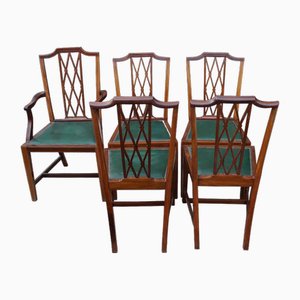 Mahogany Dining Chairs with Green Leather Seats, 1920s, Set of 5