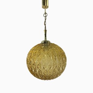 Large Vintage German Structured Glass and Brass Hanging Lamp, 1960s
