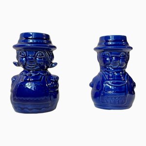 Vintage Blue Glaze Figural Man Wife Ceramic Candlesticks, 1970s, Set of 2