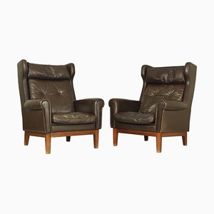 Scandinavian Wing Chairs in Leather, 1970s, Set of 2