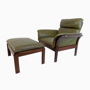 Three-Point International Scala Leather Lounge Chair with Ottoman, 1970s, Set of 2