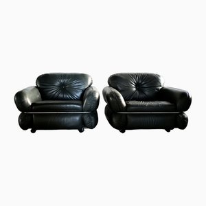 Set of Finnish Armchairs in Green Leather by Kurt Hvitsjö for Isku, 1970