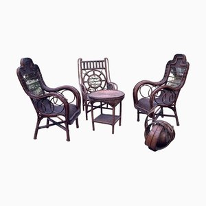 Mid-Century Wicker Garden Chairs with Coffee Table & Wicker Lamp, Set of 5
