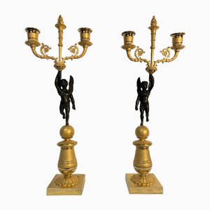 Vintage Kerzenhalter mit Engeln aus Vergoldeter Bronze, 2er Set
