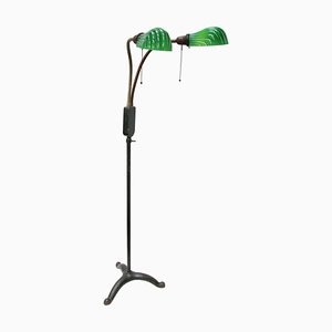 Vintage American Cast Iron Double Green Glass Floor Lamp