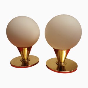 Opal Glass Ball Table Lamps with Tulip Foot in Brass, 1980s, Set of 2