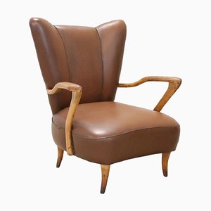 Butaca Mid-Century de cuero sintético marrón