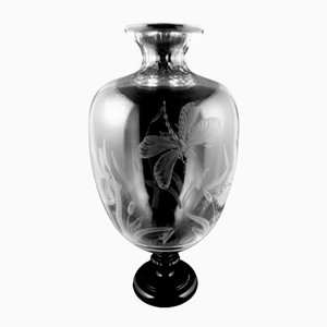 Large Art Nouveau Style Crystal Vase Engraved with Butterflies and Dragonflies, 1982