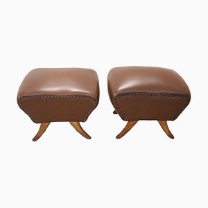 Mid-Century Brown Faux Leather Poufs, Set of 2