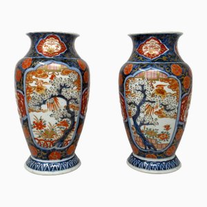 Antique Japanese Blue Red Gilt Porcelain Ormolu Vases, Set of 2