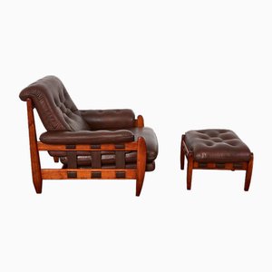 Mid-Century White Rosewood & Calf Leather Rodeio Armchair and Ottoman attributed to Jean Gillon, 1968, Set of 2