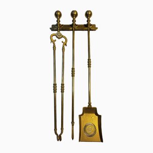 19th Century Wall Mounted Polished Brass Fireplace Tools and Holder, 1870s, Set of 4
