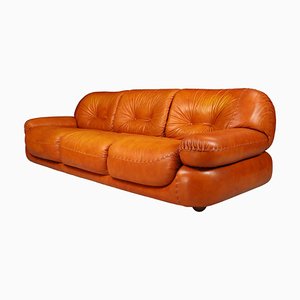 Large Cognac Leather Lounge Sofa attributed to Sapporo for Mobil Girgi, Italy, 1970s