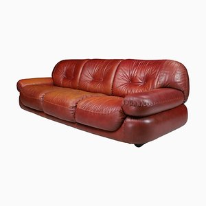 Large Firebrick Leather Lounge Sofa attributed to Sapporo for Mobil Girgi, Italy, 1970s