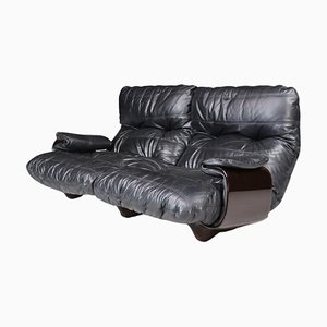 Black Leather Marsala Sofa attributed to Michel Ducaroy for Ligne Roset, France, the 1970s