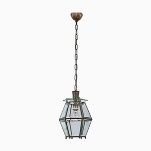 Lámpara colgante italiana hexagonal de latón y vidrio biselado en estilo de Adolf Loos, años 50