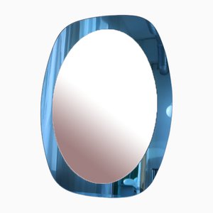Vintage Italian Oval Mirror with Blue Glass, 1970s