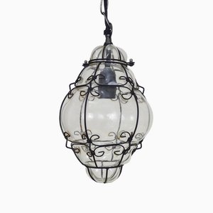 Venetian Cage Pendant in Transparent Blown Glass and Wrought Iron, 2000s