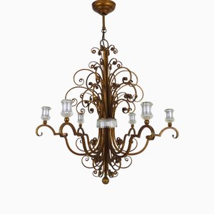 Large Italian Chandelier in Aged Gold Metal, 1970s