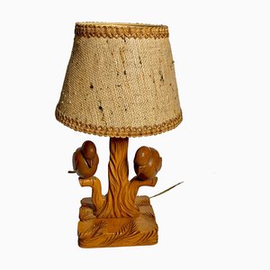 Brown Wood Bird Table Lamp, France, 1940s