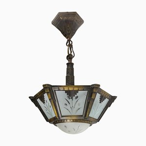 Art Deco French Bronze and Polished Glass Ceiling Lamp, 1930s