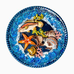 Mid-Century Barbotine Hand Painted Seafood Faience Plate, France