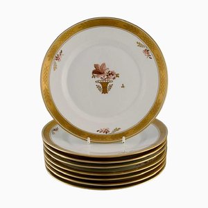 Platos para el almuerzo tipo cesta dorados de porcelana pintados a mano de Royal Copenhagen, años 60. Juego de 8
