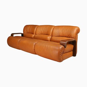 Large Bentwood and Cognac Leather Lounge Sofa, Italy, 1970s