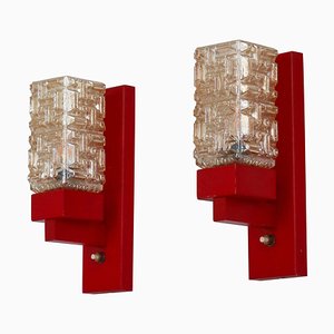 Red Lacquered Wood & Amber Glass Wall Lamps from Vitrika, Denmark, 1970s, Set of 2