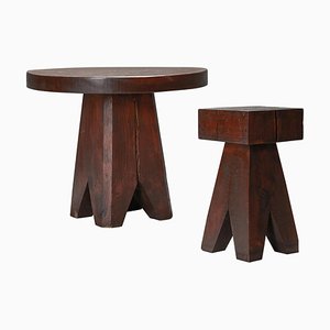 Brutalist Wooden Stool & Coffee Table, France, 1950s, Set of 2