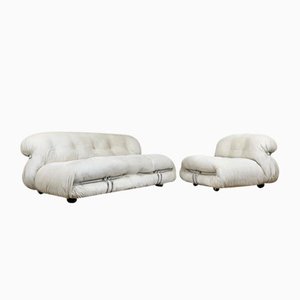 Soriana Sofa and Lounge Chair in Original White Corduroy by Afra & Tobia Scarpa for Cassina, 1970s, Set of 2