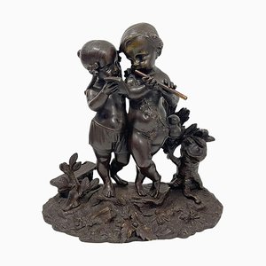 Französische Bronzeskulptur von musizierenden Kindern, 19. Jh.