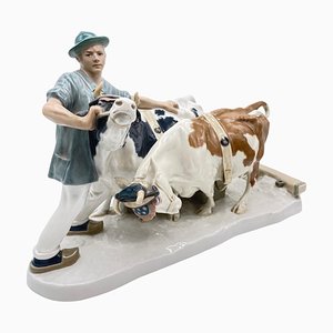 Große Jugendstil Figur eines Bauern mit Ochsen von Meissen