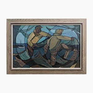 Fishermen at Dawn, Oil on Board, Framed