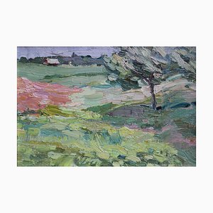 Elena Jantschak, Landscape with Tree, 1961, Oil on Cardboard, Framed