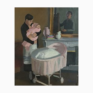 Henry Meylan, Peintre à son chevalet peignant femme et enfant, Oil on Canvas, Framed
