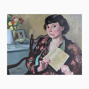 Henry Meylan, Jeune Femme à la Lecture, Oil on Wood, Framed