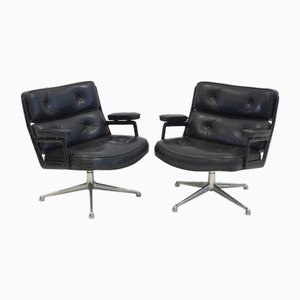 Executive Chairs in Black Leather by Charles and Ray Eames, 1960s, Set of 2