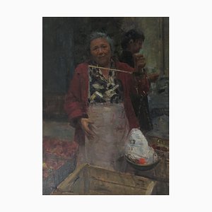 Tonino Manna, Femme au Marché, Oil on Canvas, Framed