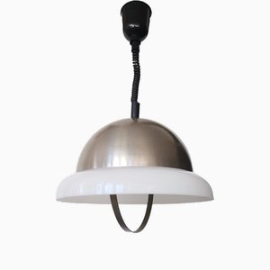 Large Space Age Silver Aluminium & White Acrylic Extendable Pull Down Ceiling Light, 1970s