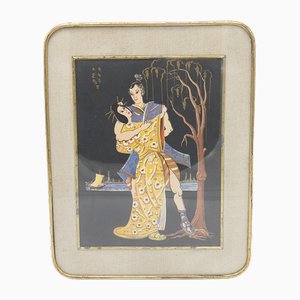 Estampe japonaise encadrée représentant la danse des amoureux, début des années 1900