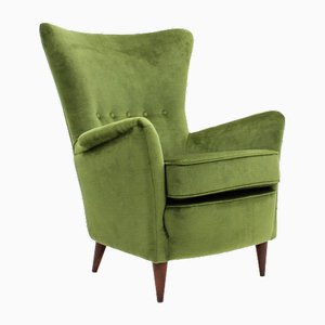 Mid-Century Green Velvet Armchair in the style of Gio Poni, 1950s