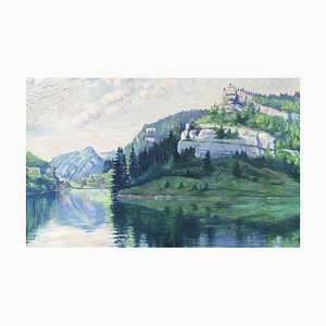 Berthe Du Bois-Favre, Paysage lac et montagne visage, Oil on Canvas, Framed