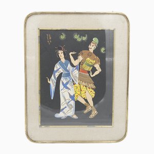 Estampe japonaise encadrée représentant une danse traditionnelle, début des années 1900