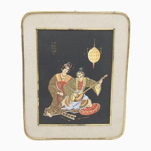 Framed Japanese Print Depicting Romantic Serenade, Early 1900s