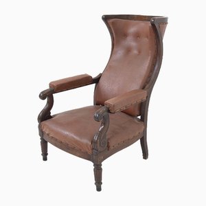 Fauteuil Antique en Bois et Cuir, France