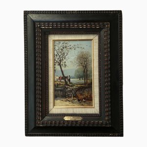 Louis Rheiner, L'étendage au bord du lac, Oil on Wood, Framed