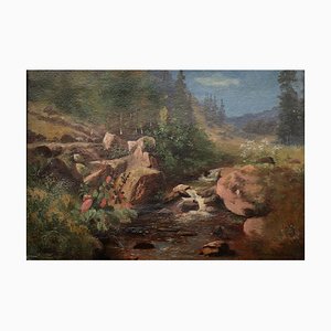 Louis Rheiner, Paysage en montagne au bord du ruisseau, Oil on Canvas, Framed