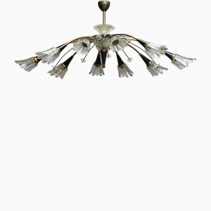 Large 10-Arm Oval Black Brass and Art Glass Chandelier attributed to Maison Lunel, 1950s