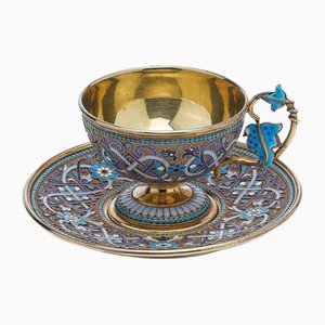19th Century Imperial Russian Silver-Gilt & Enamel Cup on Saucer, 1890s, Set of 2
